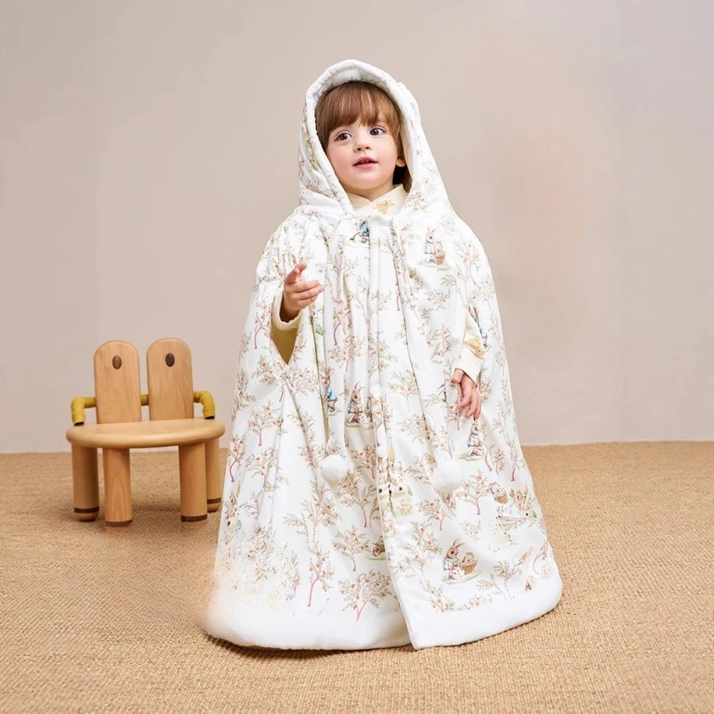 Baby Cloak with Hood for Winter Windproof Cartoon Thickened Cape Poncho for Newborn Infant Outdoor Long Thermal Toddler Capelet
