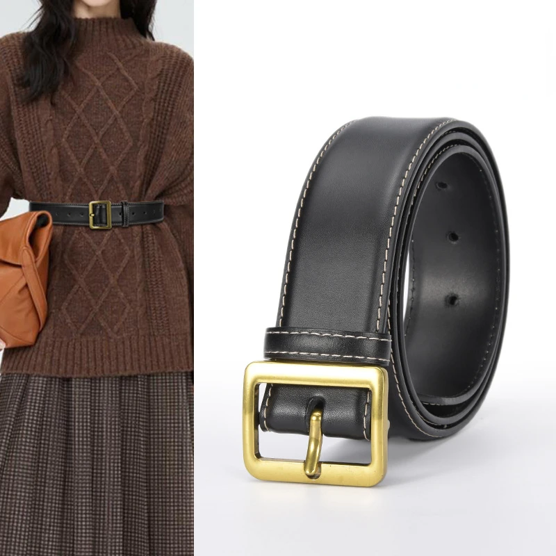 

Luxury Genuine Leather Retro Windbreaker Belt Cowhide Women's Waist Seal Dress Coat Decoration Metal Business Style Belt