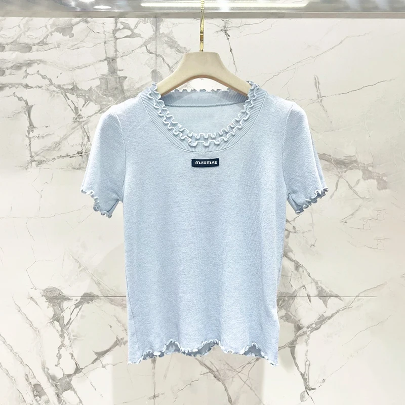 

High-End Knitted ort-Sve T-irt with Patchwork Lace for Young Girls Korean Sle Slim Fit Commute Sle Pure Color