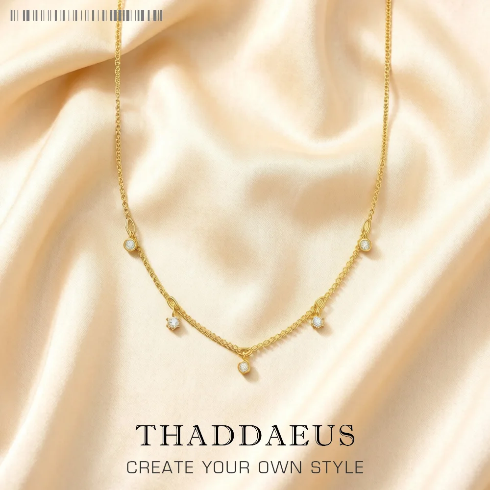 Gold Link Chain Necklace White Stones Fine Jewelry Europe 925 Stering Silver 2023 Brand New Trendy Gift For Women