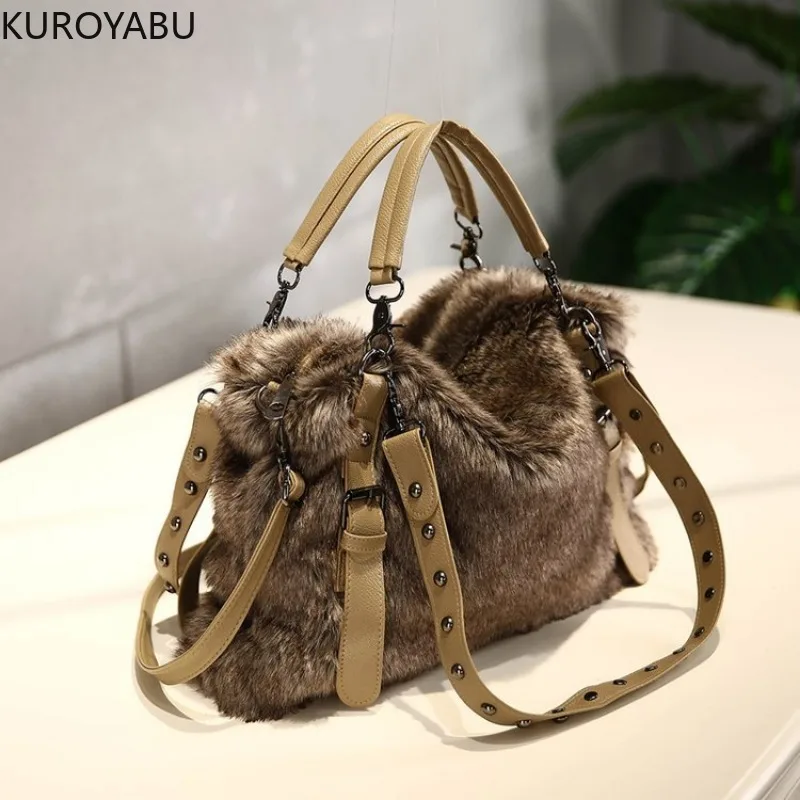 Women Faux Fur Plush Handbags Ruched Handle Lady Furry Shoulder Crossbody Bag Large Capacity Tote Winter Chic Bolsas Femininas