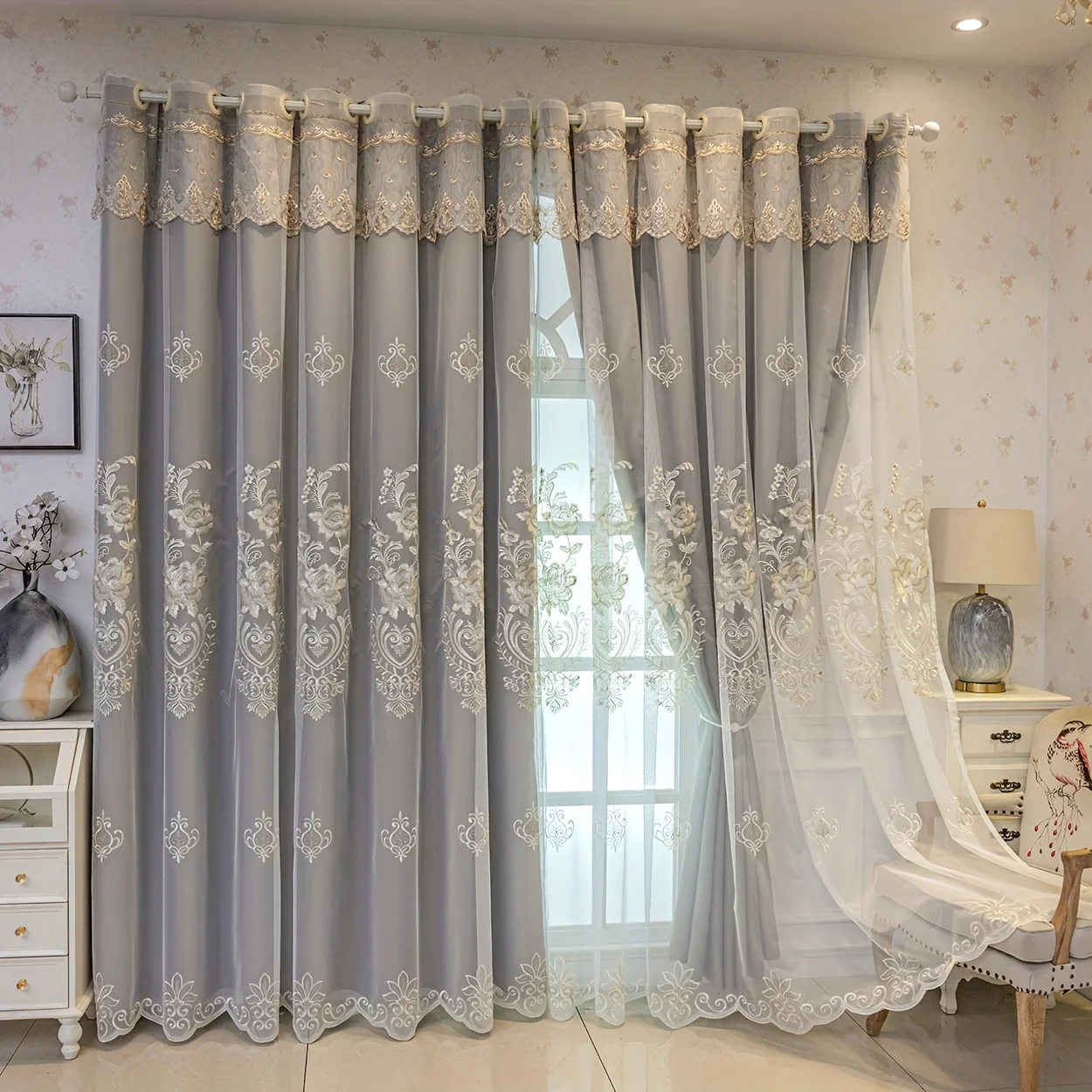 Luxurious Gold Embroidered Curtain Set, European Style Thickened Layered Design, Custom Made Bedroom Window Treatment