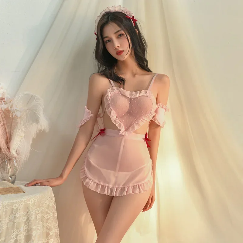 لطيف لوليتا اليابانية المرأة خادمة موحدة الكشكشة الحلو خادم تأثيري ازياء مثير الملابس الداخلية الدانتيل منظور فستان قصير أبريل MN3
