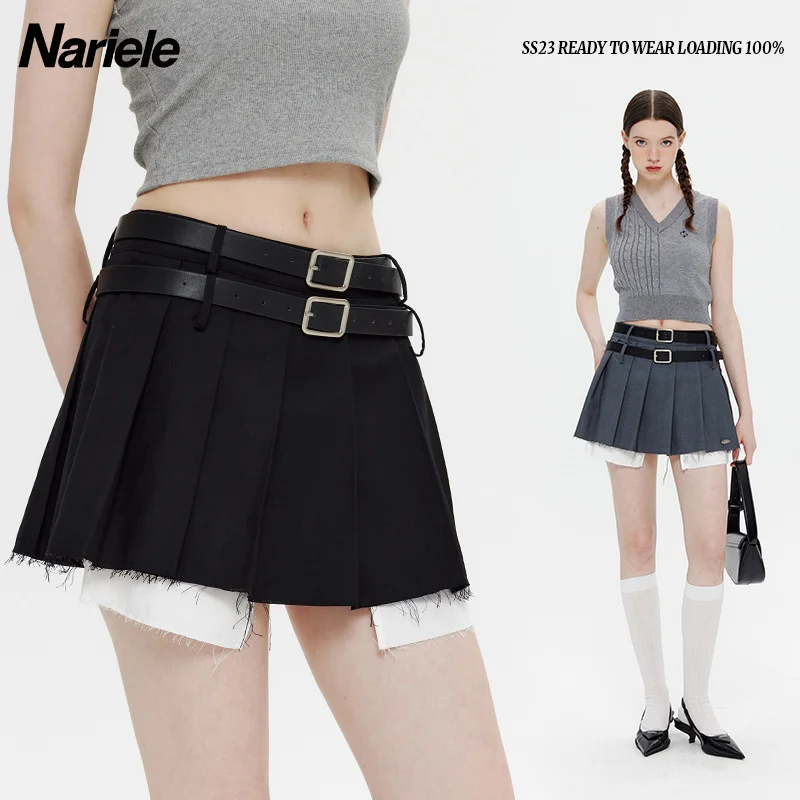 

Befree Design Sense Double Belt Pleated Skirt Pure Spicy Girl Style High Waist Anti Glare Fashion A-line Skirt Short Skirt