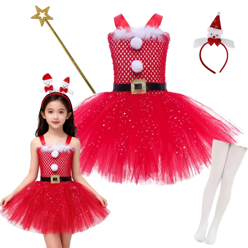 

Рождественский костюм Санта-Клауса красного эльфа, рождественское платье-пачка для девочек, детское карнавальное праздничное платье, одежда, рождественский подарок