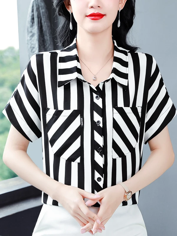 Camisa Casual de Manga Corta con Rayas para Mujer, Blusa de Gasa Holgada y Moderna para Mamá, Verano 2026, Guangdong Puning