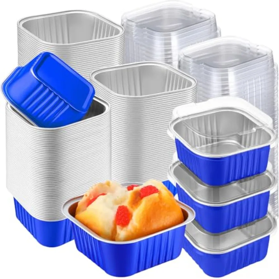 

200 Pack 5 oz Mini Cake Pans with Lid, Aluminum Foil Mini Baking Tins, Square Disposable Cupcake Baking Cup Dert Container for
