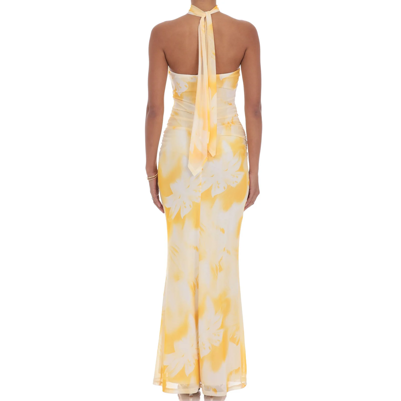 Abiti lunghi da donna con top a tubo estivo, motivo floreale, senza spalline, senza spalline, vestibilità slim, senza maniche, in rete con sciarpa al collo