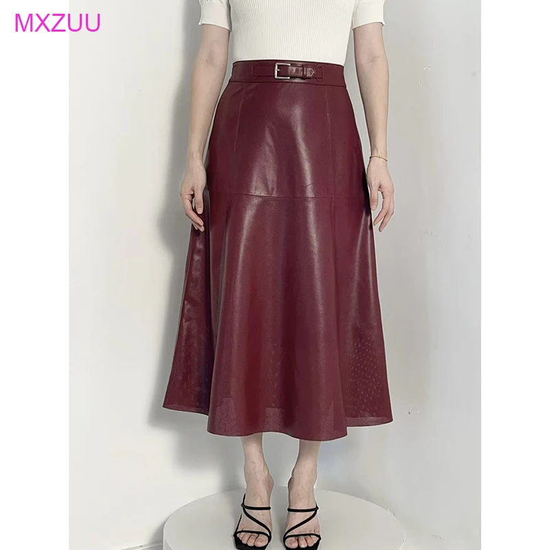 

Новая бордовая/зеленая кожаная юбка женская высокого качества из овчины ажурная перфорированная трапециевидной формы с высокой талией модный пояс тонкий длинный Saias