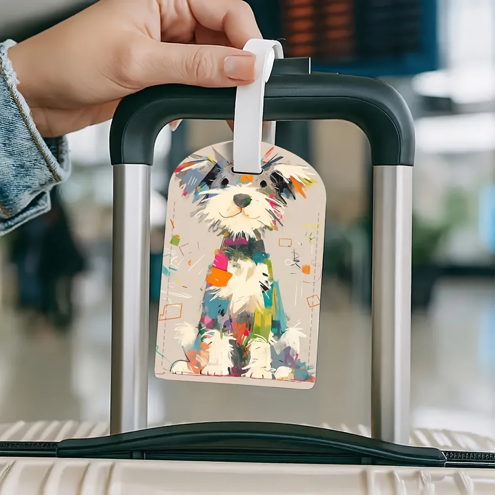 Watercolor Schnauzer Dog Luggage Tag Colorful Abstract Puppy Design Suitcase ID Tag with Strap for Dog Lover Gift PU Material