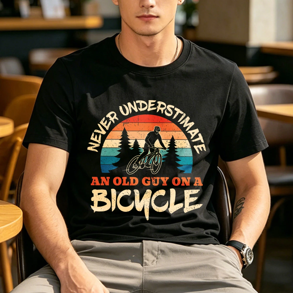 Never Underestimate An Old Guy On A Bicycle Retro Mountain Bike Print Shirt Men Cotton Cycling Lover Outdoor Sports Grandpa Gift