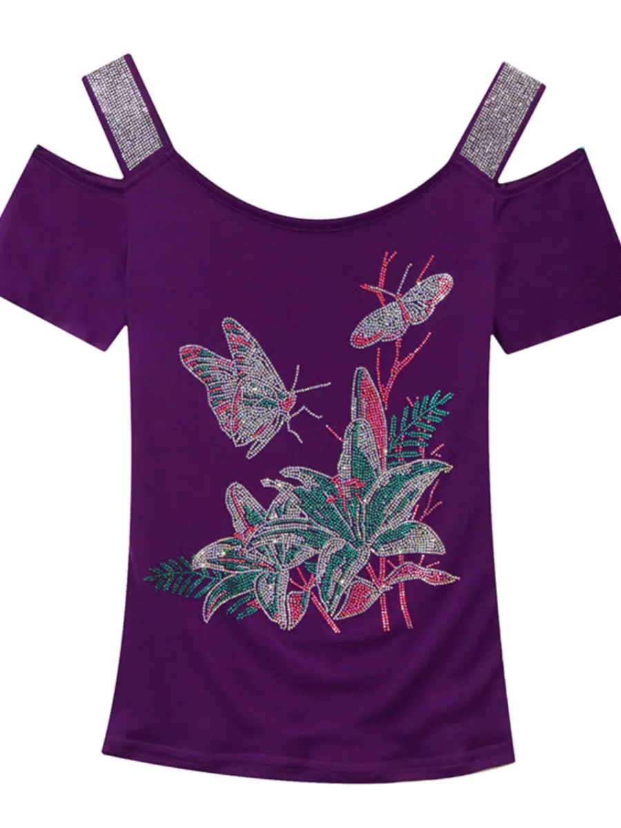 Letnie damskie koszulki z krótkim rękawem damskie rozciągliwa siateczka z odkrytymi diamentami na ramionach koszulki z kwiatami