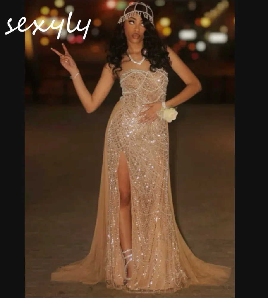 

Роскошные вечерние платья Aso Ebi цвета шампань с жемчугом, сексуальные, с высоким разрезом, для темнокожих девушек, 2026, потрясающие, расшитые бисером и пайетками, на день рождения
