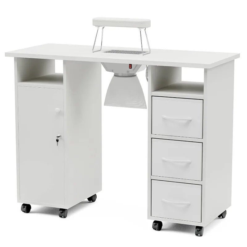 Manicure Table Nail Desk for Technician, Acetone Resistant Nail Tech Table Nail Table Station w/Dust Collector, Wrist Cushion