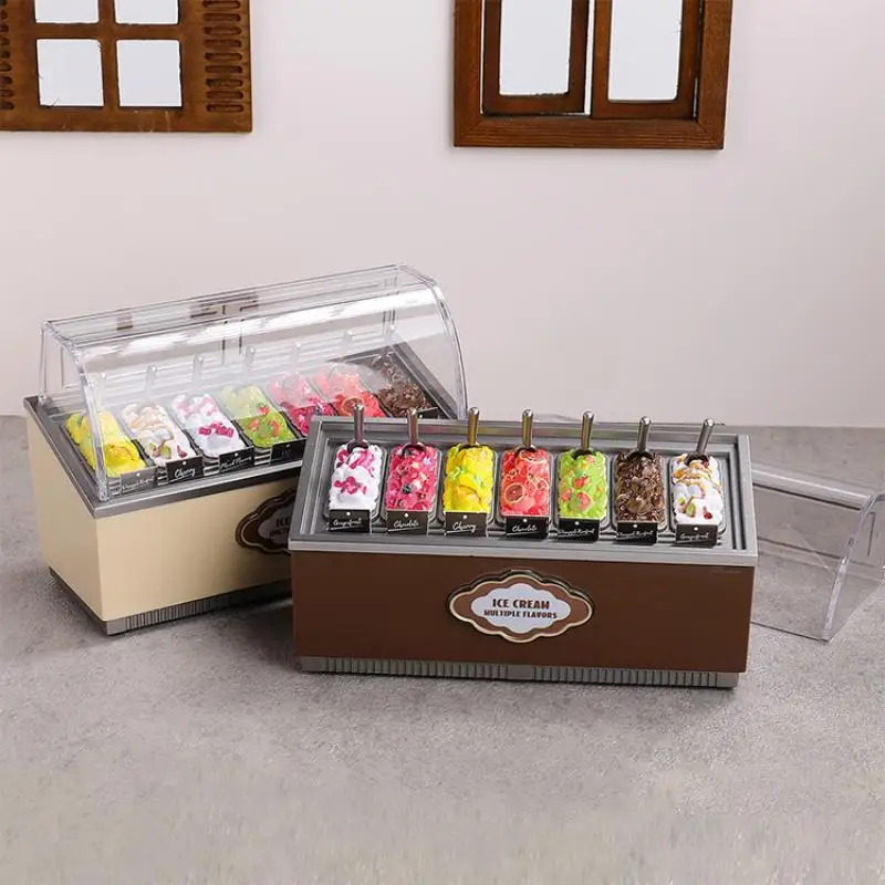 Juego de gabinete de helado en miniatura para casa de muñecas 1/12, juguete de cocina para niños, juego de regalo de comida de simulación.