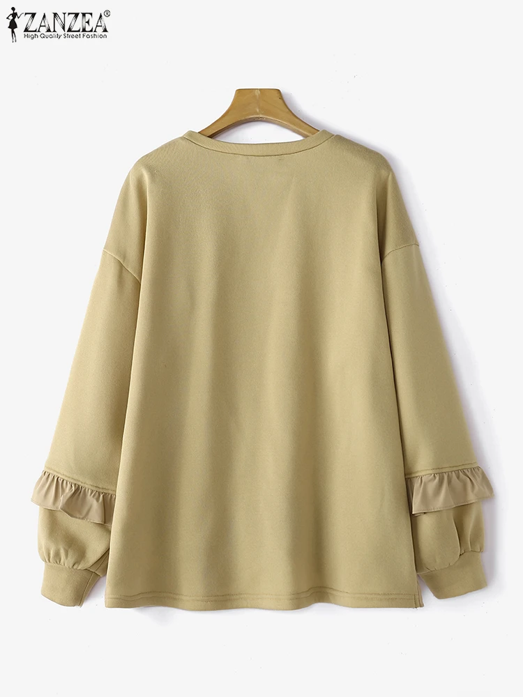 ZANZEA Women O-Neck Simple Sweatshirts 2024 Long Sleeve Loose Knitted Hoodies Casual Loose Ruffled Edge Pullovers Femme Jumpers
