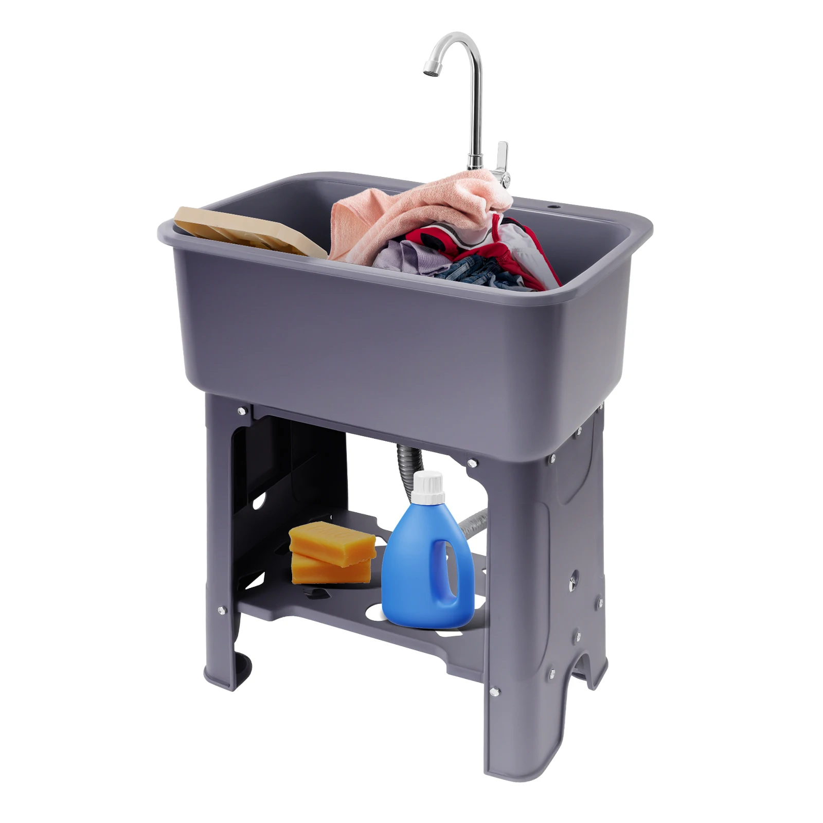 Freestanding Utility Sink Gray PP Injection Mold Large Deep Basin 110.23lbs Load PP Laundry Wash Tub Built-in Serrated Washboard Multifunctional Washing Station For Laundry Garage Garden