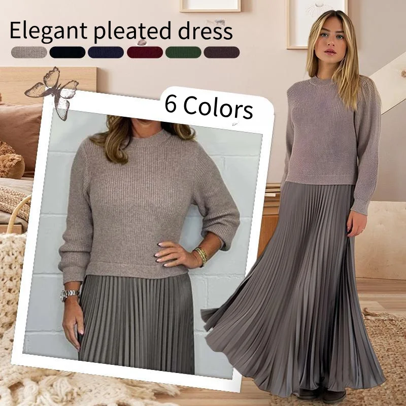 1Set Women's Solid Color Long Sleeve Jumper and Pleated Bottom Dress,Fashionable and Elegant