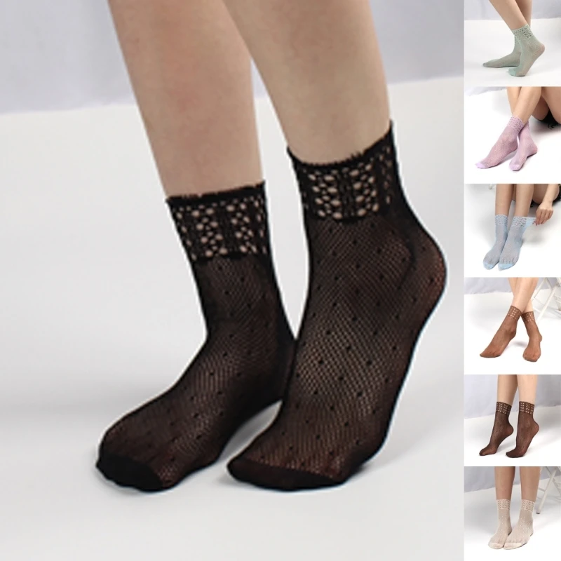 Women Breathable Mesh Net See Through Short Ankle Socks Solid Color Hollowed Out Dot Weaving Sheer Anklet Dress Drop Shipping