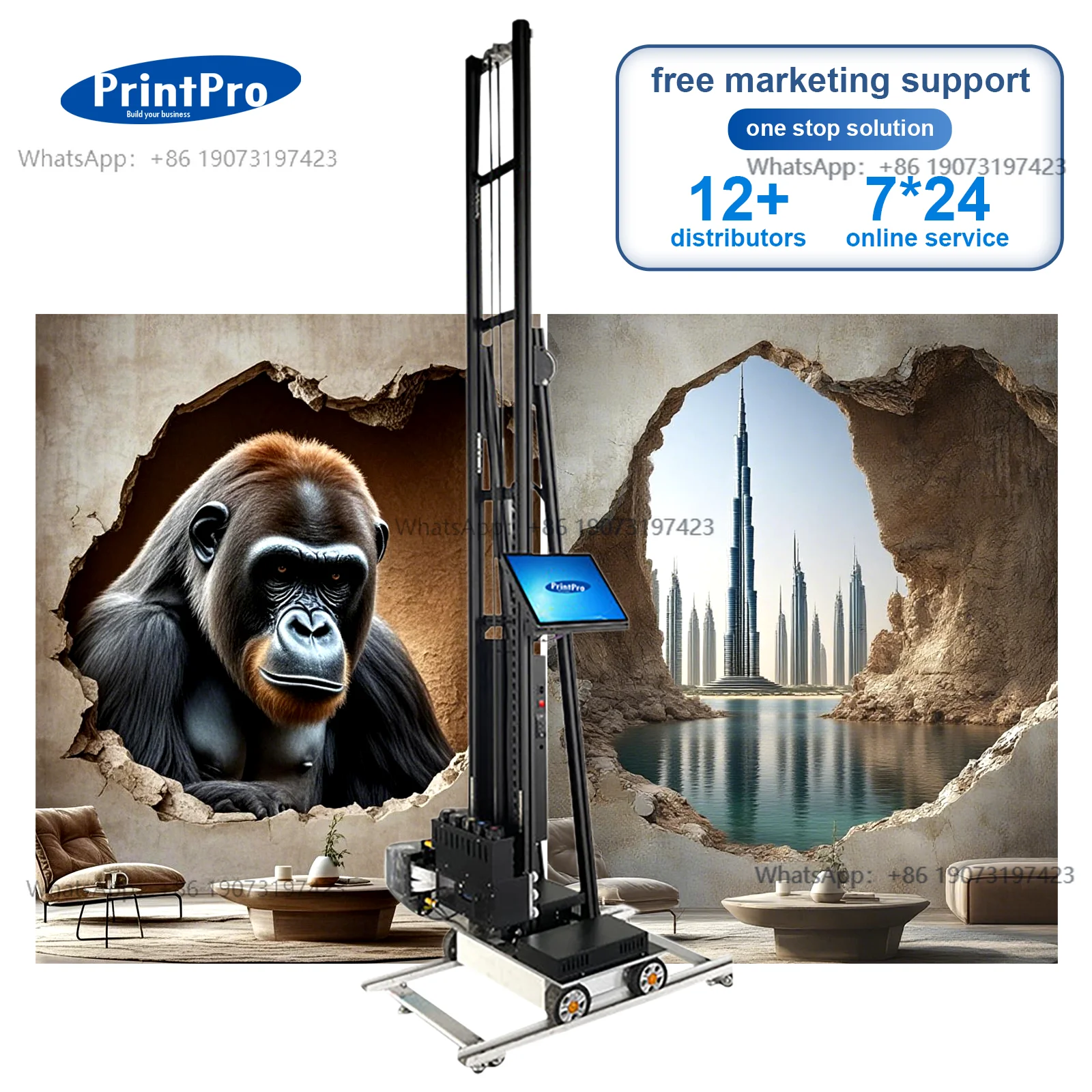 PrintPro Vertical Wall Printer 3D UV Inkjet Wall Printing Machine Mural Art Robot Direct to Wall Painting