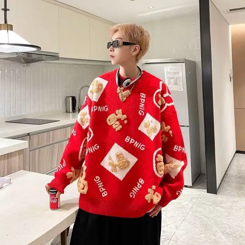 

Red Loose Knitted Sweater for Men Snake Year New Year Couple's Casual Wear Coolmax Fiber Cotton Blend Long Sve round Ne