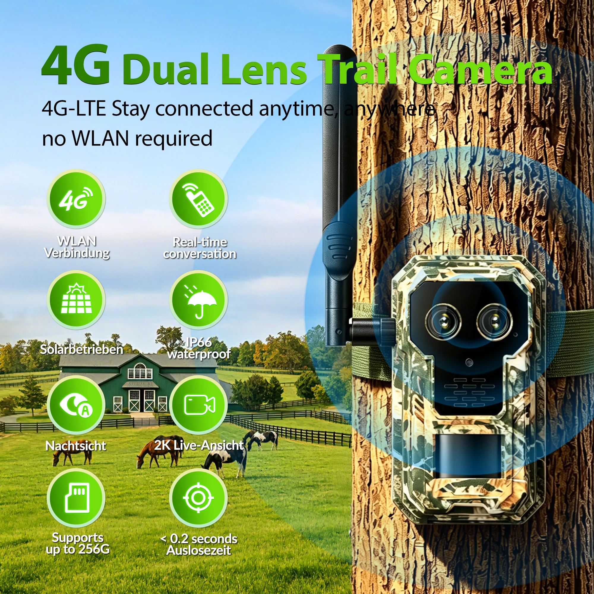 4G Dual-Lens Trail Camera for European Countries, PIR Detection Effective Distance: 10–20 m