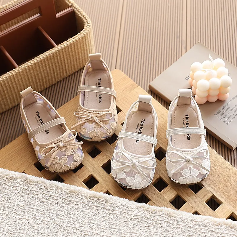 Spring Summer Kids Toddler Girls Princess Lace Bowknot Mary Jane Shoes Elastic Strap Non-Slip Sole for Daily School Outdoor Wear
