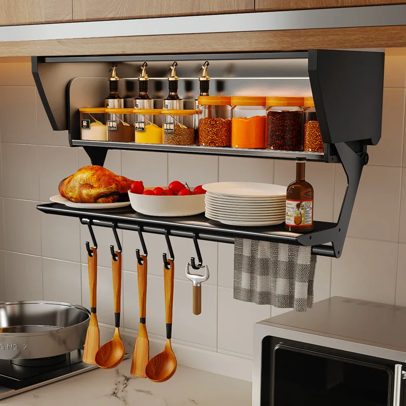 Pull-down Folding Condiment Storage Shelf Space Aluminum Wall Hanging Condiment Rack Under The Cabinet