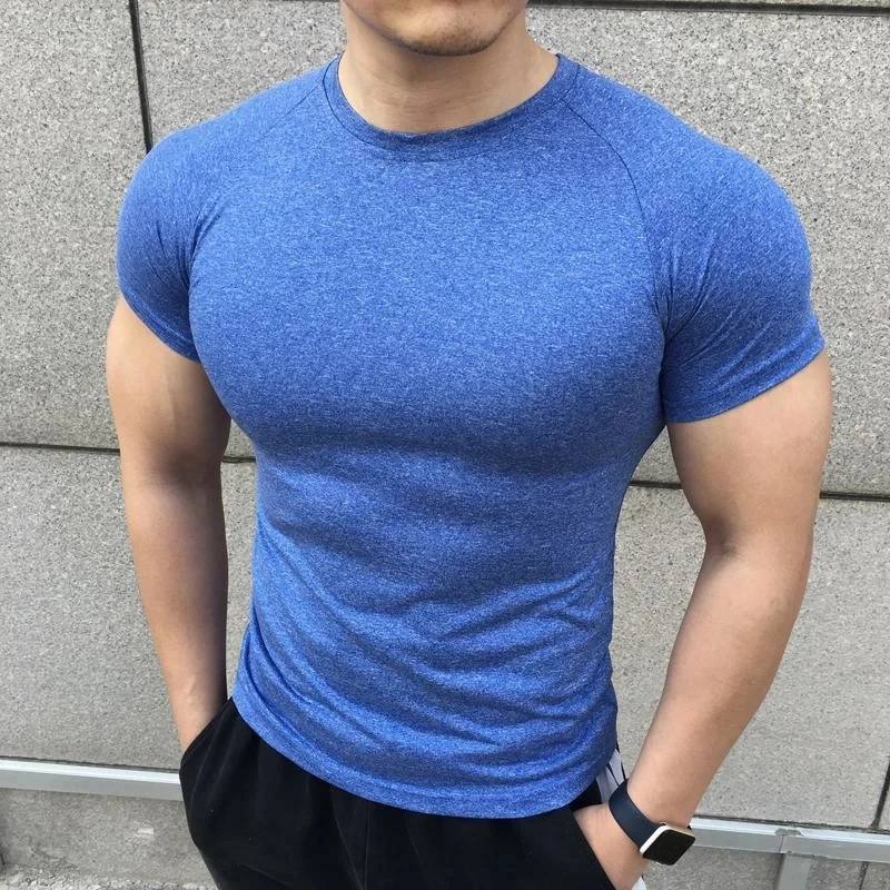 2024 New Men Summer Short Sleeve Fitness Shirt Running Sport Gym Compression T Shirt Workout Casual Elastic Force Tops Clothing