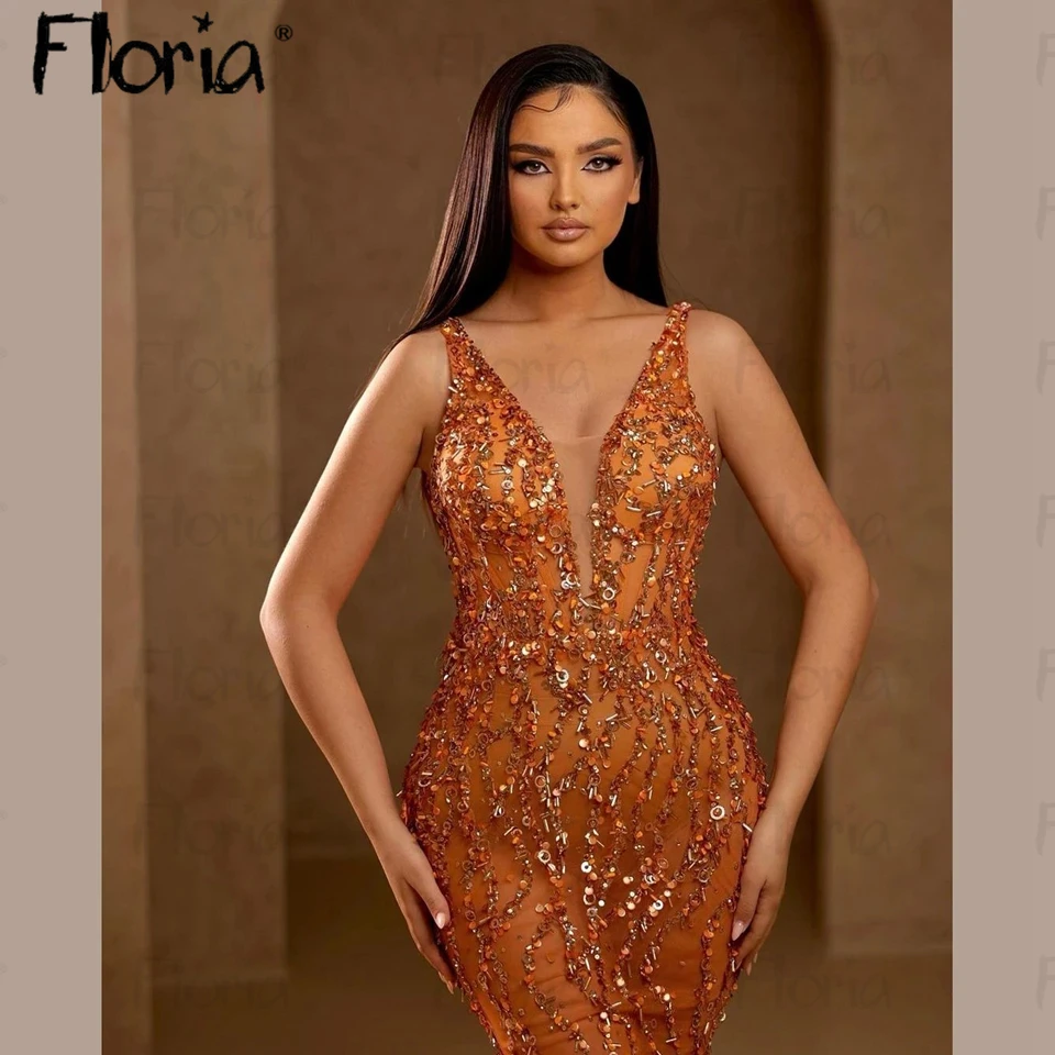 Floria Luxury Long Sleeve Feather Prom Dresses Aso Ebi Two Styles Orange Mermaid Elegant Formal Formal Occasion Dresses فستان حف