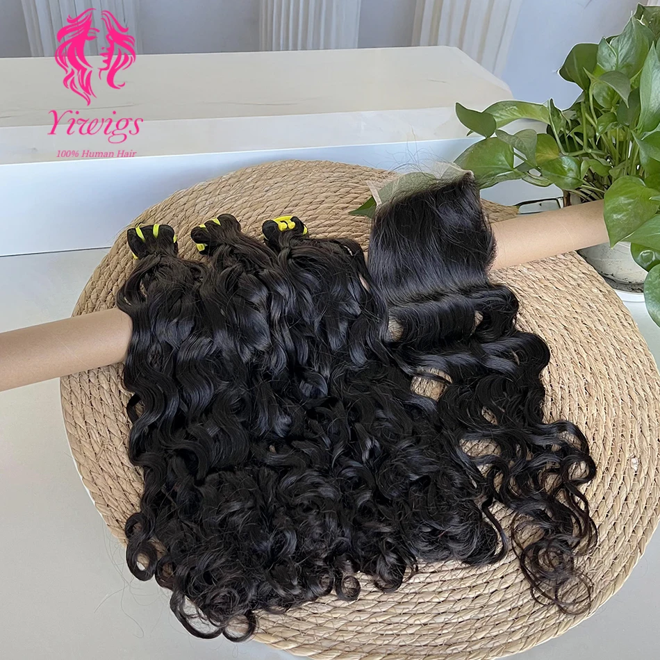 Yiwigs Double Drawn Water Wave 100% Human Hair Bundles With 5x5 Real HD Lace Closure Hair Weave Extensions Thick Sew In