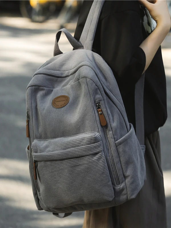 

Ladies Large Capacity Corduroy Casual Travel Backpack Fashionable Student Bag Multifunctional Zipper Closure Soft Shoulder St...