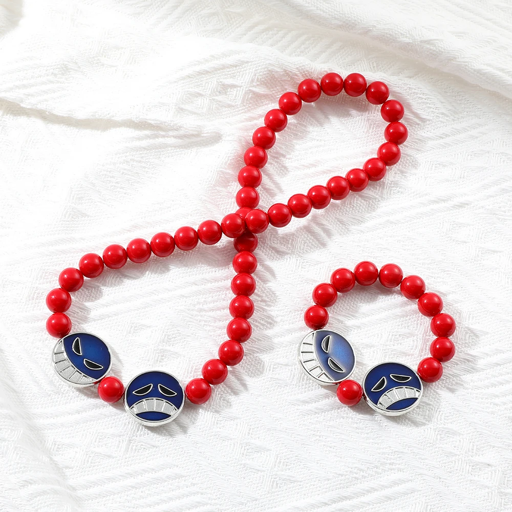 Portgas D Ace Anime Bracelet Necklace Red Beads Face Design Fashion Jewelry Cosplay Accessory Cool Party Gift for Anime Fans