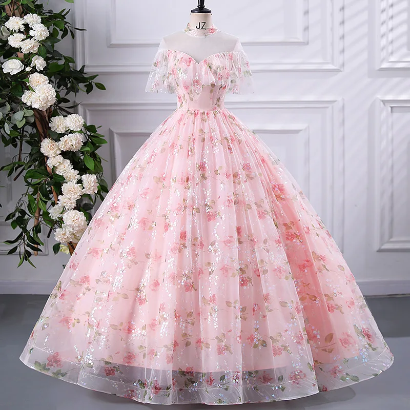 DSP Elegant A Line High Neck Floral Quinceanera Dresses for 15 Years Old Girl Princess Dress Birthday Party Dresses Prom Gown