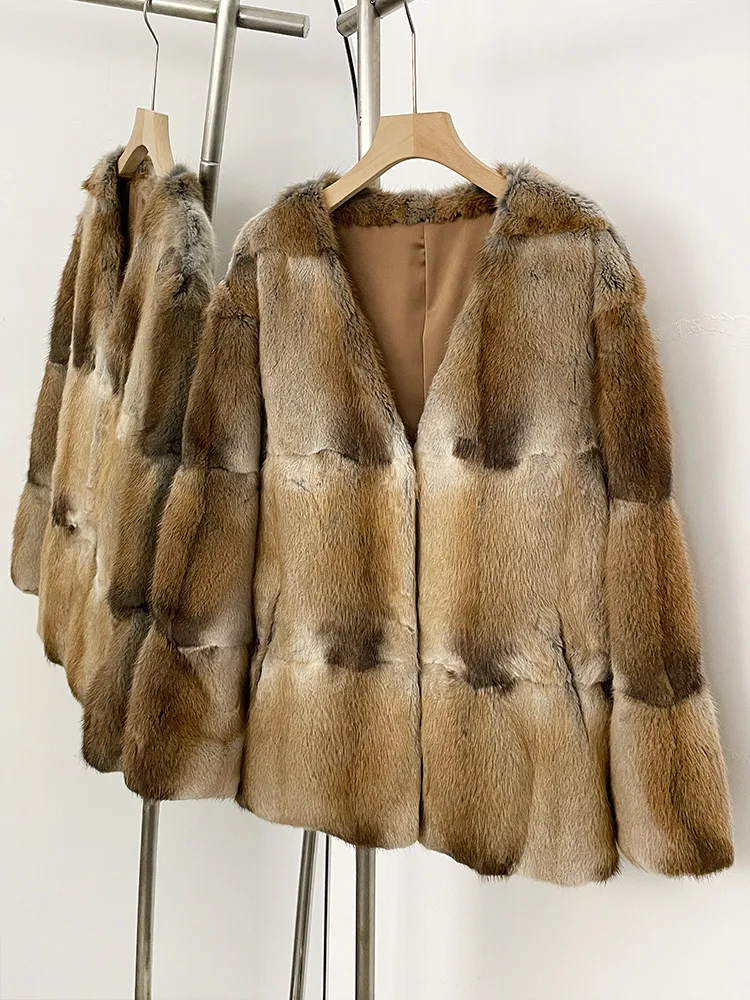 ZMEENNA 세련된 여성용 인조 모피 숏 코트 브라운과 화이트 체크 우아하고 따뜻한 겉옷 재킷 편안한 ZM3895