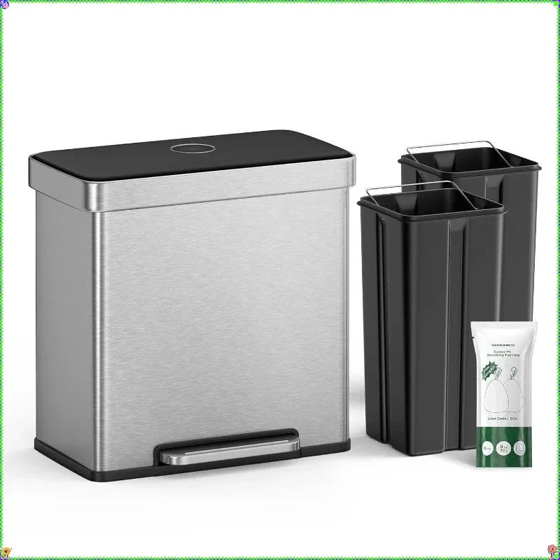 

16 Gallon Dual Compartment Kitchen Trash Can, 60L Pedal Recycling Bin with Soft Close, Stays Open Design for Home Office Use