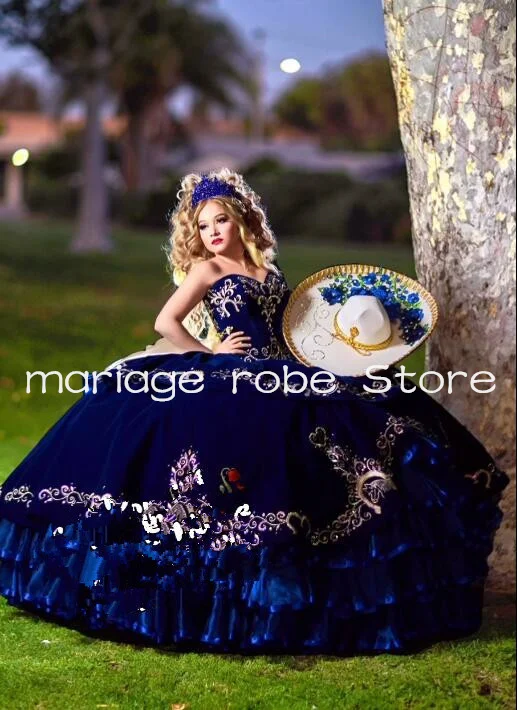 Royal Blue Velvet Princess Quinceanera Dresses Sweetheart Ruffles Floral Embroidery Corset Prom vestidos de 15 años charros