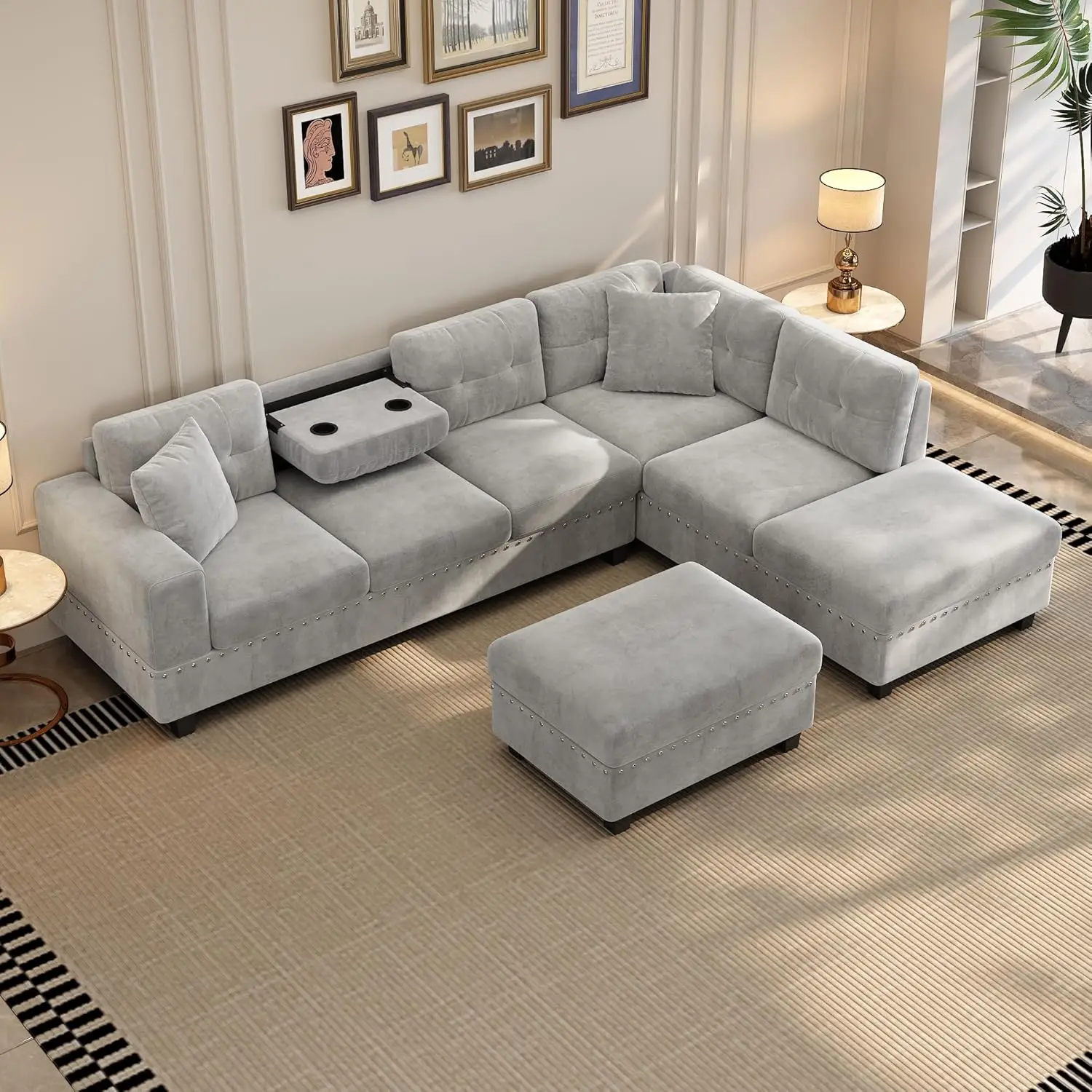 

Modern Sectional Sofa with Storage Ottoman, L Shaped Couch with 2 Pillows and 2 Cup Holders, Polyester Sectional Sofa with Rever