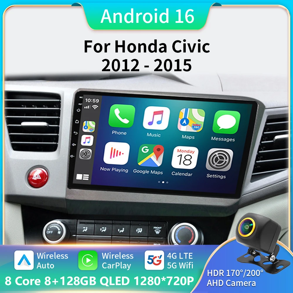 

For Honda Civic 2012 2013 2014 2015 Android 16 Carplay AutoCar Radio Multimedia Video Player Stereo GPS Head Unit WIFI+5G BT dv