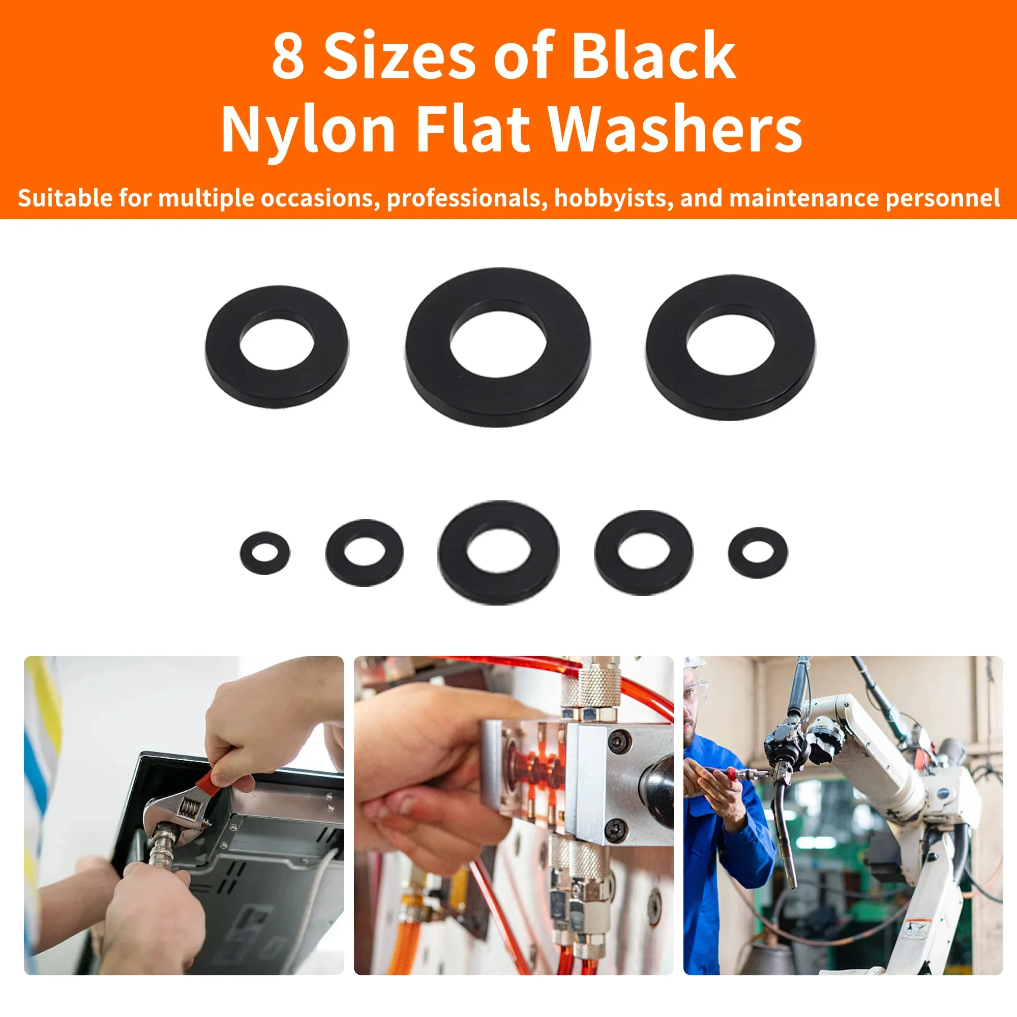 500 Uds 8 tamaños juego de arandelas planas de nailon negro M2 M2.5 M3 M4 M5 M6 M8 M10