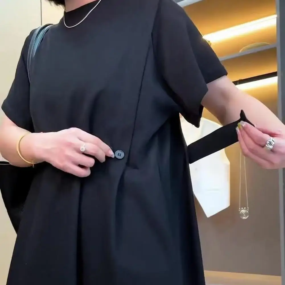 Slim Fit Tummy Control Midi Dress French Waist Cinching Skirt Folded Short Sleeve round Neck Long Ankle Women's Dress