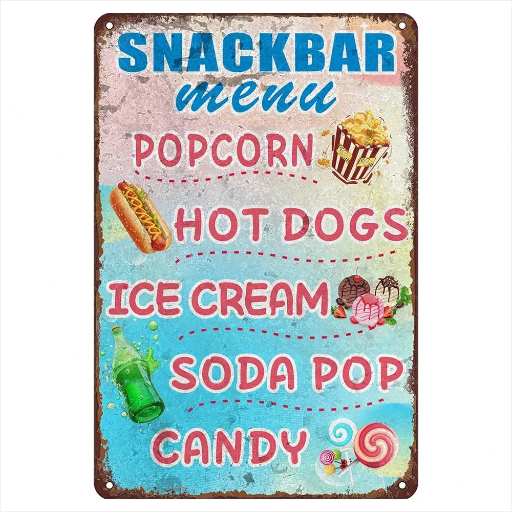 1p, letrero de hojalata de metal Menu, X 8; - Menú Snackbar, palomitas de maíz, perros calientes, helado, Soda Pop, Candy - Decoración artística de pared retro vintage, Dura
