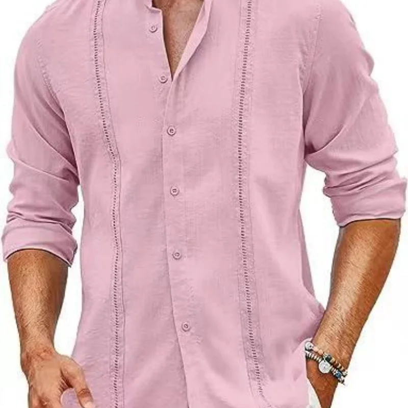 Camicia di canapa in cotone per le vacanze estive al mare con bottoni di tendenza casual in stile cubano di nuova moda da uomo Camicia di lino allentata Colletto alla coreana allentato