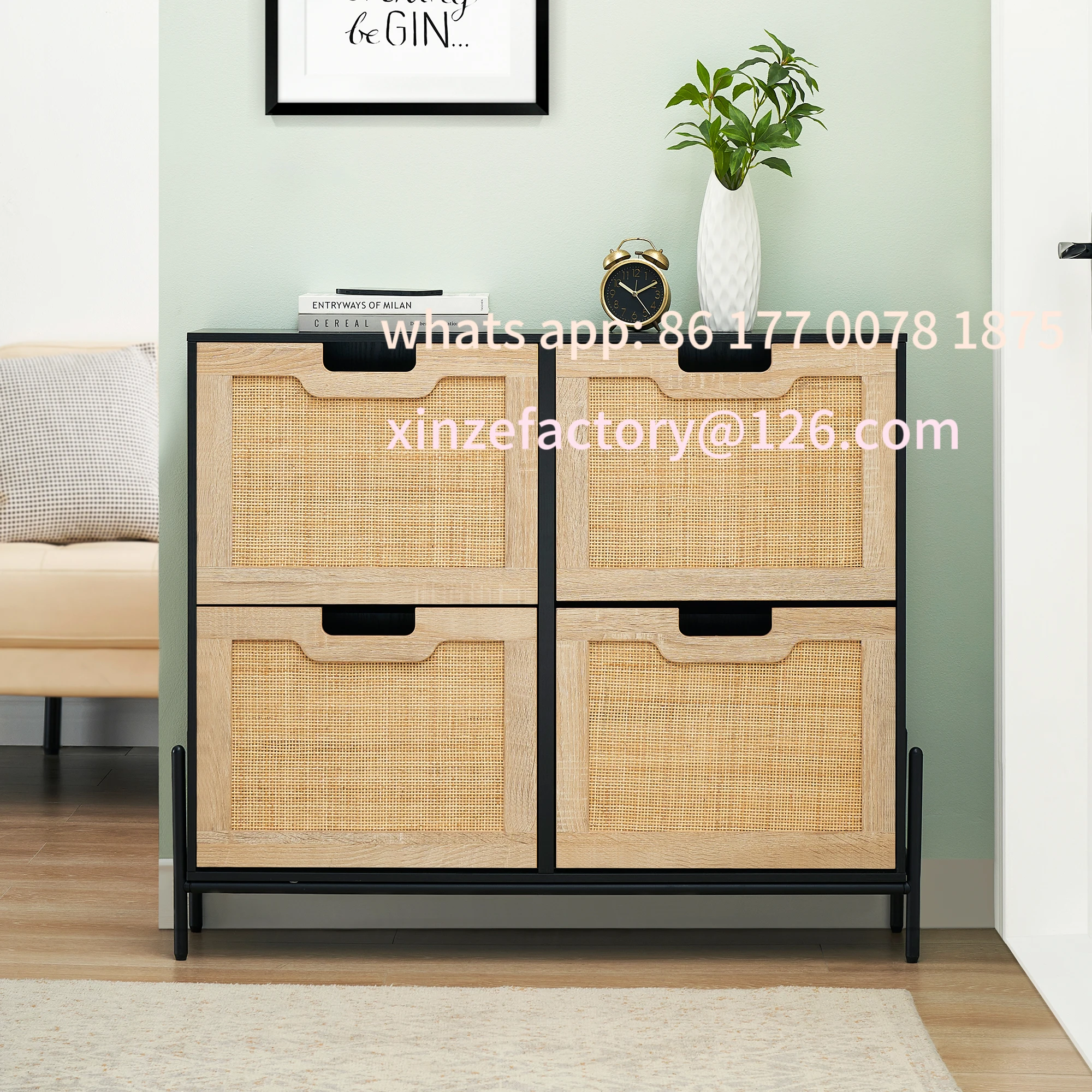 Customizable Rattan Shoe Storage Cabinet, Entryway Shoes Cabinet with 4 Flip Doors, Freestanding Shoe Rack with 3 Position