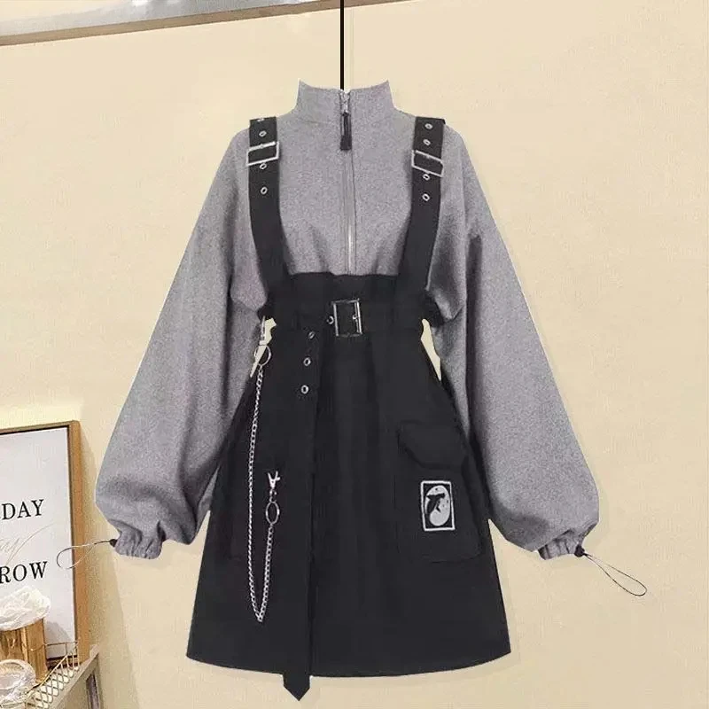 

2023 Vestidos De Mujer Fashion Woman Dress Y2K Clothes Strap Belt Chain Loose Casual Sweatshirt Dresses Sets Korean Robe Femme