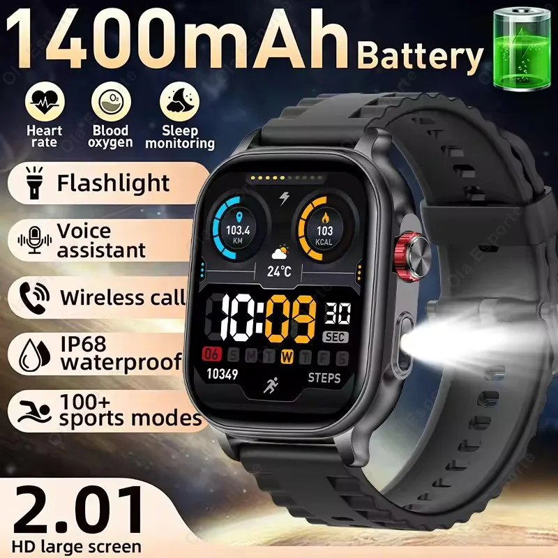 Neue 2,01" HD Smartwatch mit BT-Anruf, 1400mAh LED-Taschenlampe, wasserdicht, Herzfrequenz- und Schlafüberwachung, Sport-Smartwatch für Männer und Frauen HT22