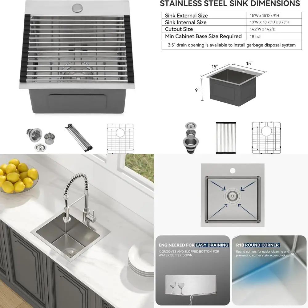 

Stainless Steel 15x15 Inch Single Bowl Kitchen Sink - 16 Gauge, Drop-In Design, Suitable for RV and Small Prep Areas