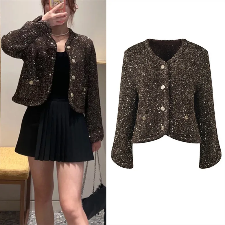 

Высококачественная версия, женская трикотажная верхняя одежда в европейском стиле, открытый кардиган со сверкающими пайетками Long Sve Winter Faion