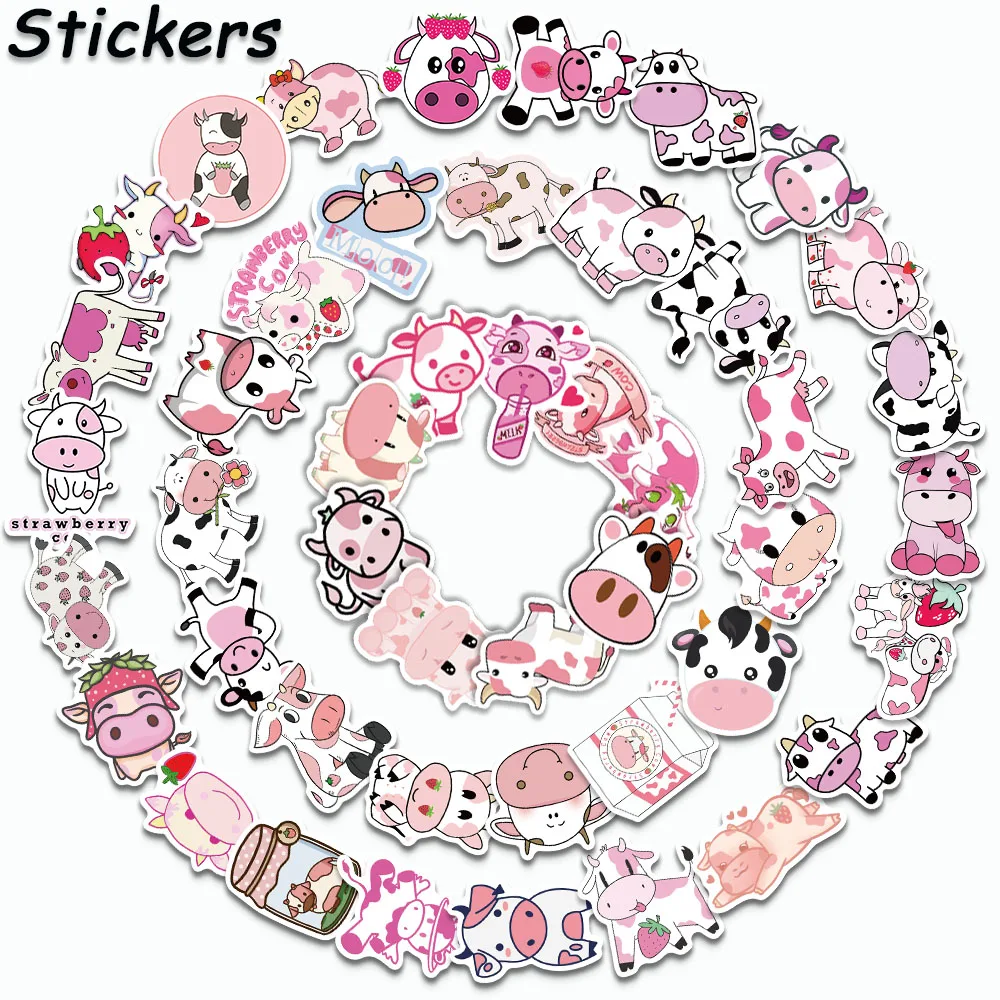 Cute Cartoon Stickers para crianças, vaca rosa, decalques de animais, laptop, skate, bagagem, telefone, DIY Graffiti, presente, 50pcs