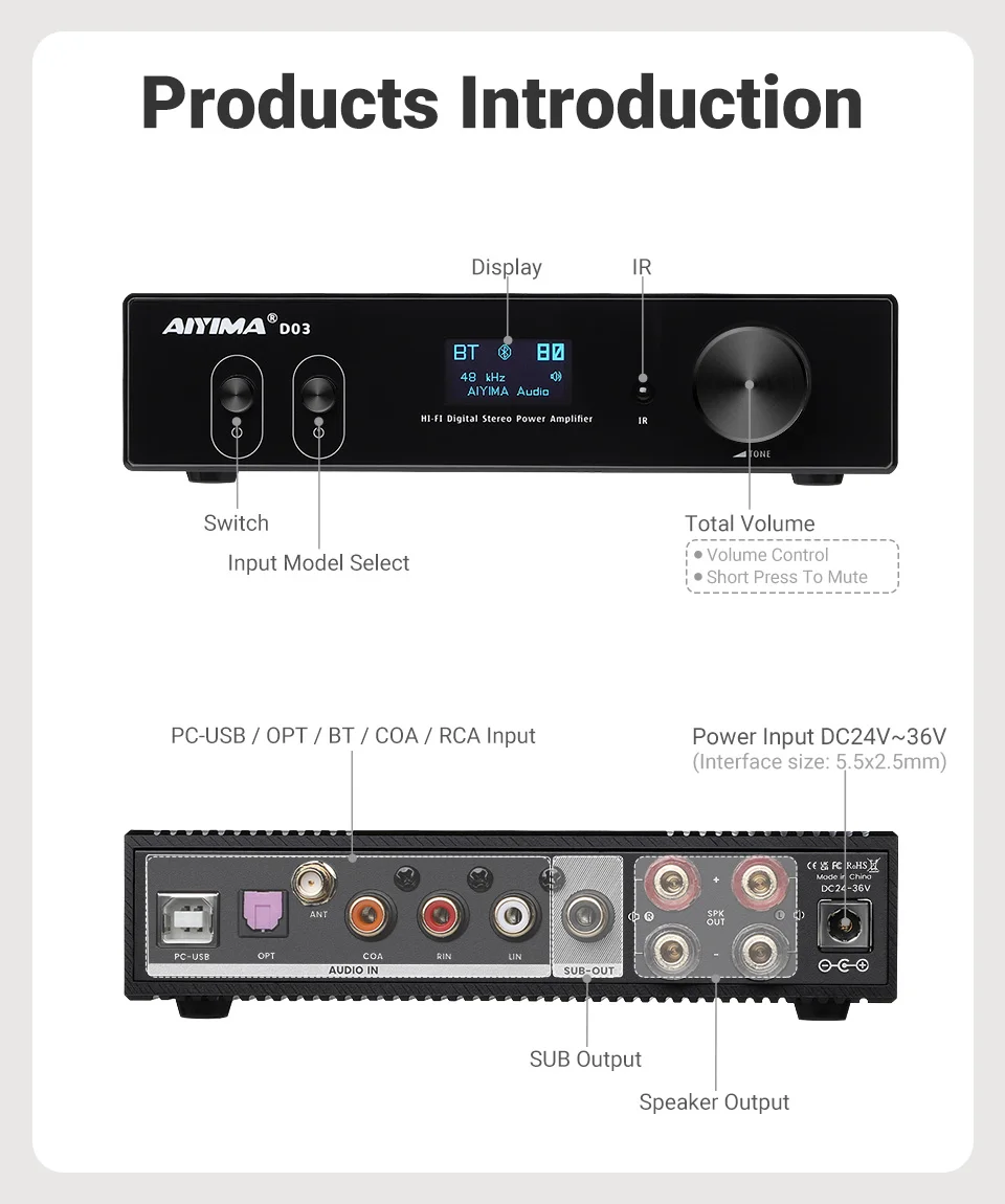 AIYIMA-Amplificador DE Audio D03 con Bluetooth 5,0, 150Wx2